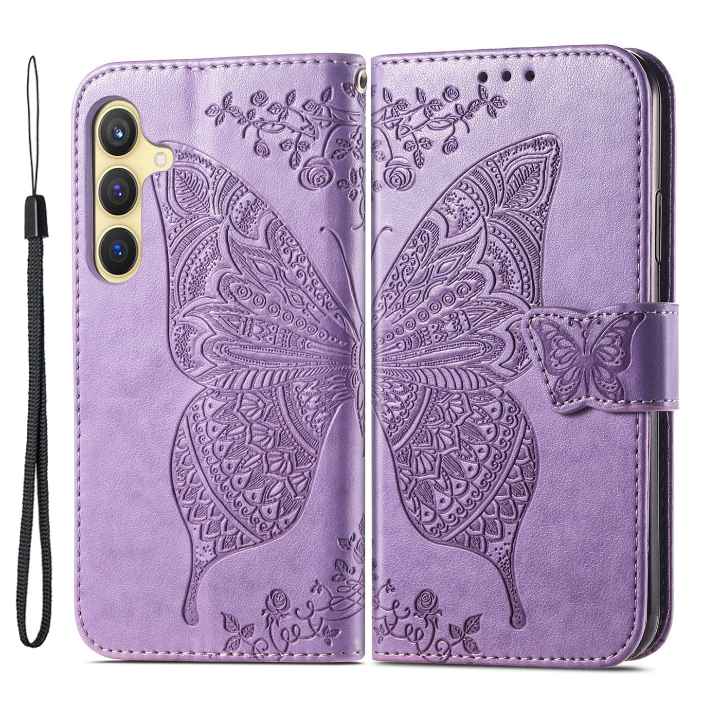 For Samsung Galaxy S24 Case Butterfly Pattern Leather Wallet Cover - Light Purple