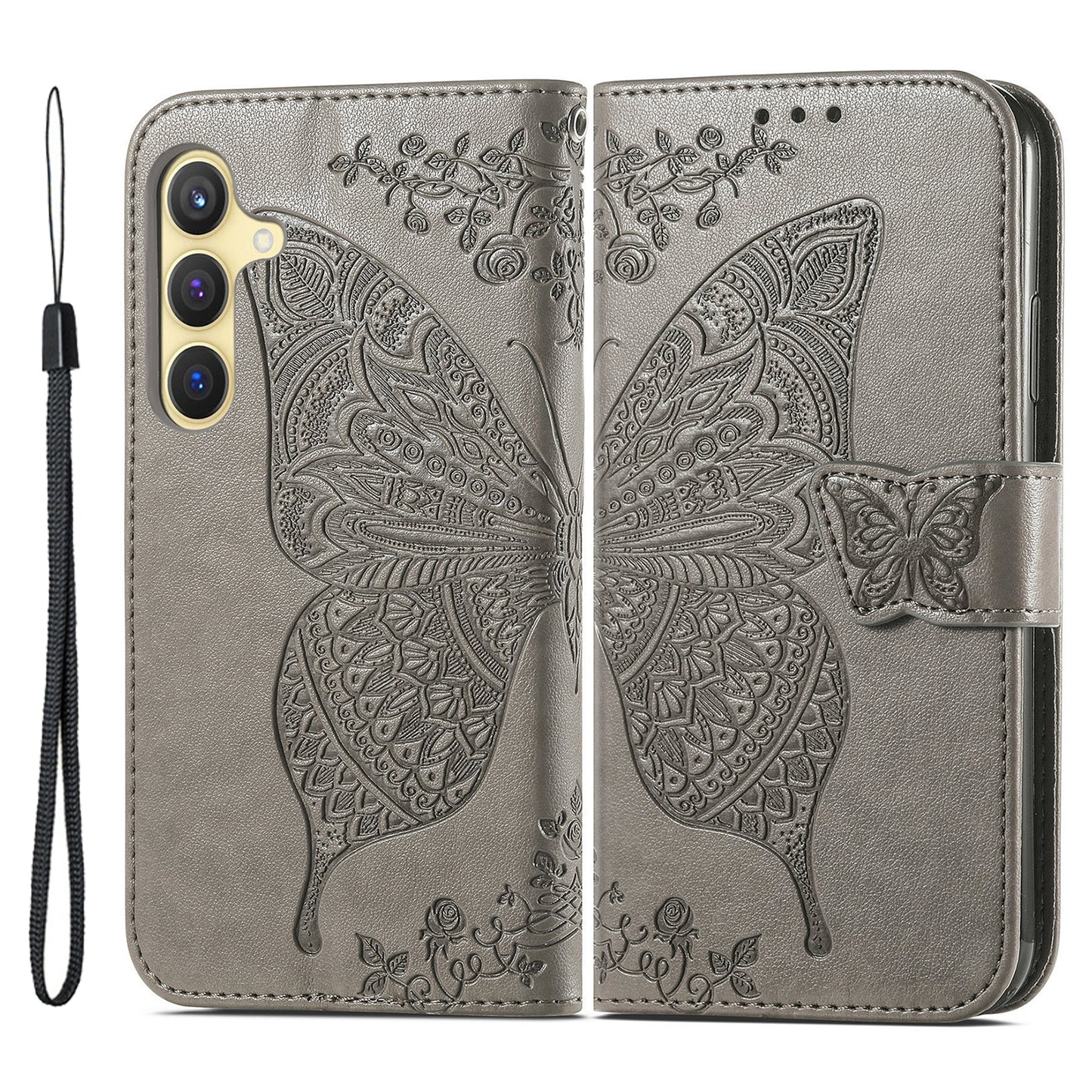 For Samsung Galaxy S24 Case Butterfly Pattern Leather Wallet Cover - Grey