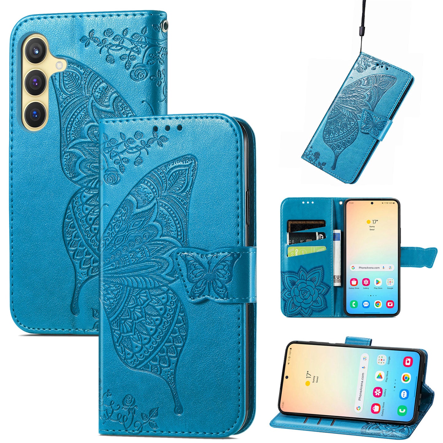 For Samsung Galaxy S24 Case Butterfly Pattern Leather Wallet Cover - Blue