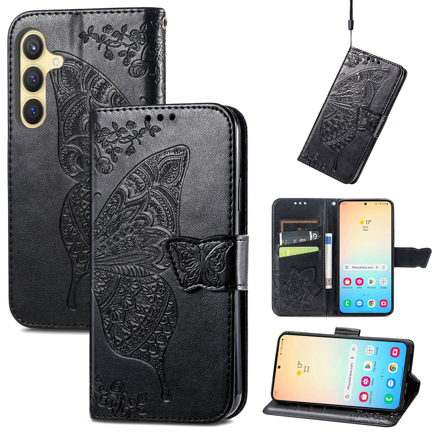 For Samsung Galaxy S24 Case Butterfly Pattern Leather Wallet Cover - Black