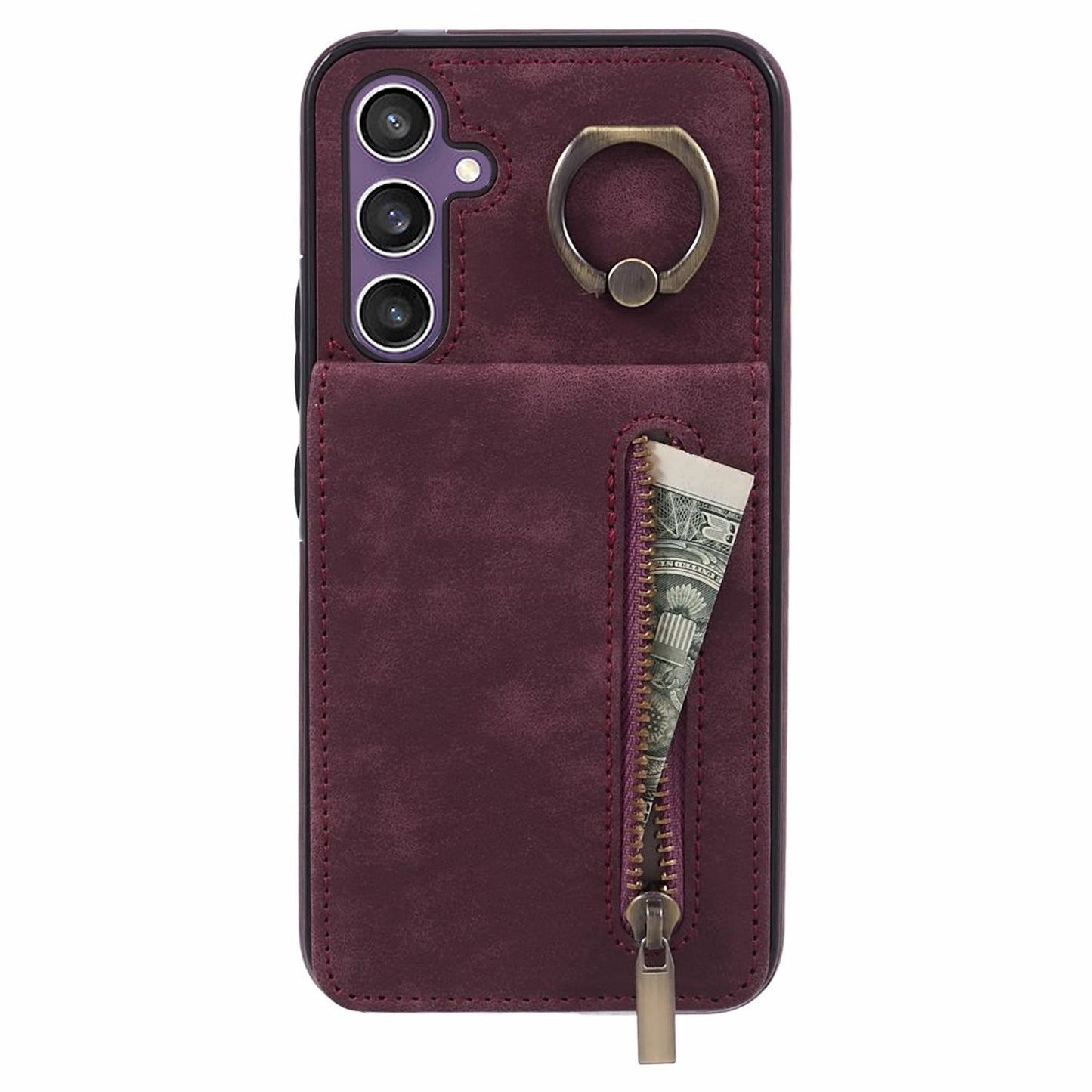 For Samsung Galaxy S24+ Magnetic Case Retro PU+TPU Kickstand Back Cover - Wine Red