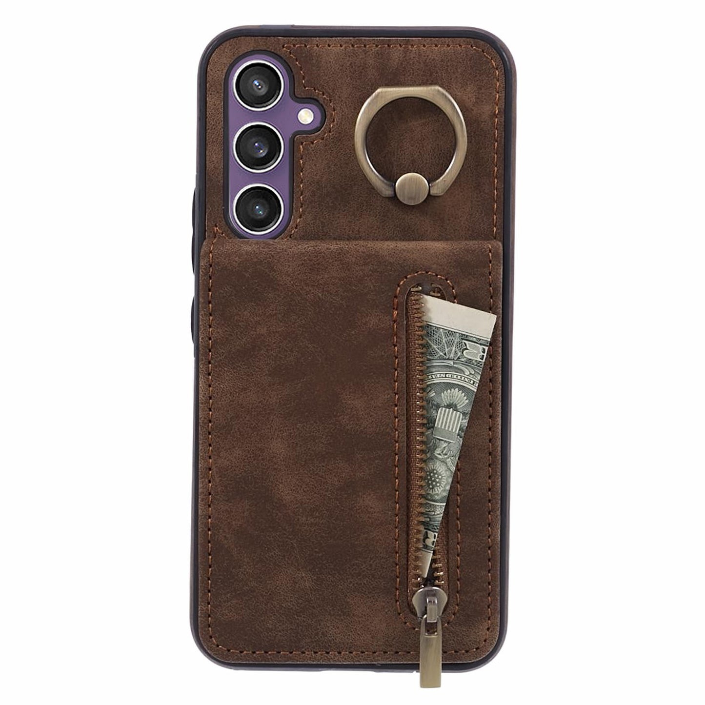 For Samsung Galaxy S24+ Magnetic Case Retro PU+TPU Kickstand Back Cover - Brown