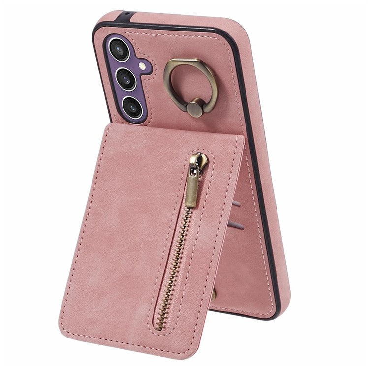 For Samsung Galaxy S23 FE Cell Phone Case RFID Blocking Retro PU+TPU Kickstand Cover - Pink
