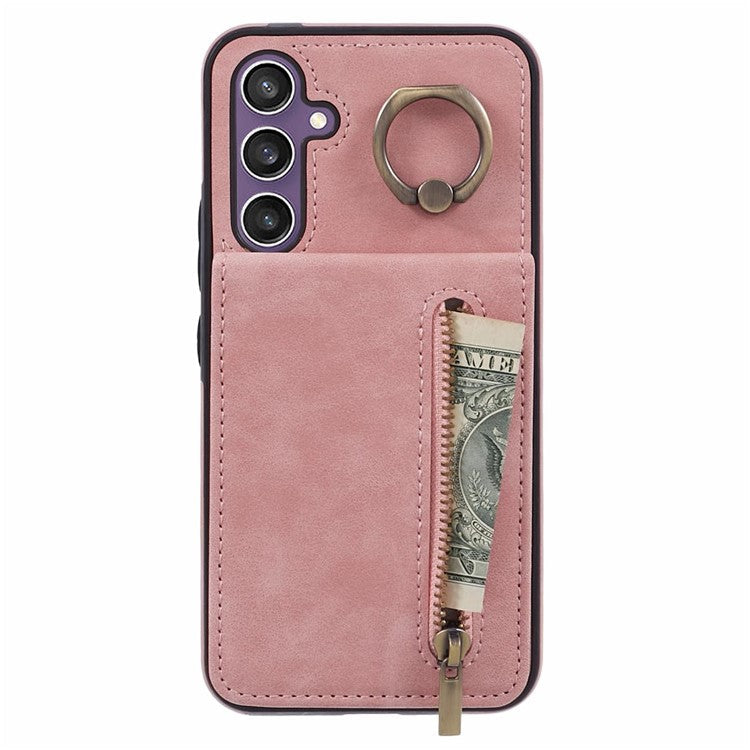 For Samsung Galaxy S23 FE Cell Phone Case RFID Blocking Retro PU+TPU Kickstand Cover - Pink