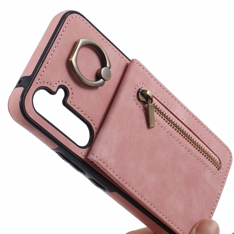 For Samsung Galaxy S23 FE Cell Phone Case RFID Blocking Retro PU+TPU Kickstand Cover - Pink