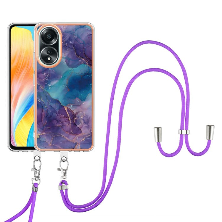 YB IMD Series-18 Style E for Oppo A58 4G Case Marble Pattern Electroplating Cover with Lanyard - Purple