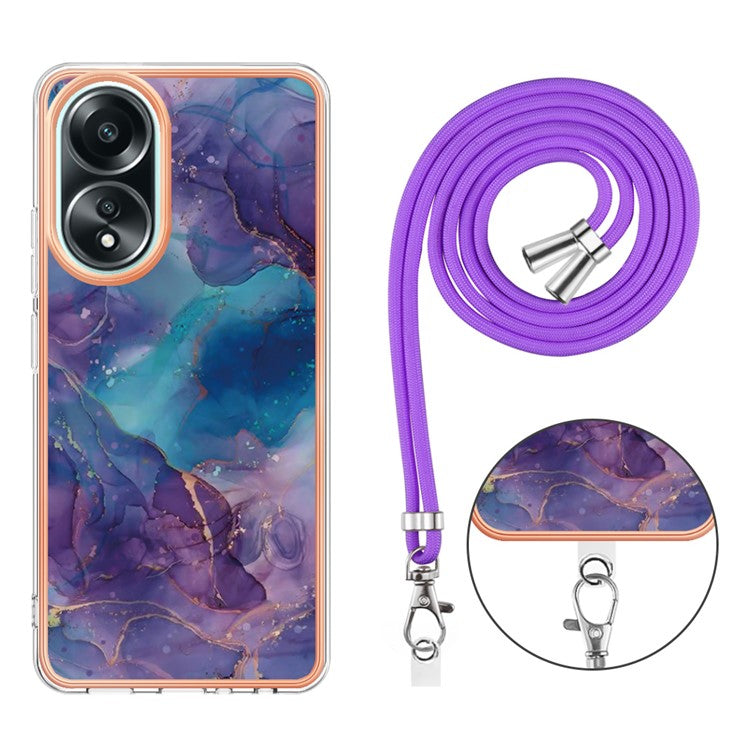 YB IMD Series-18 Style E for Oppo A58 4G Case Marble Pattern Electroplating Cover with Lanyard - Purple