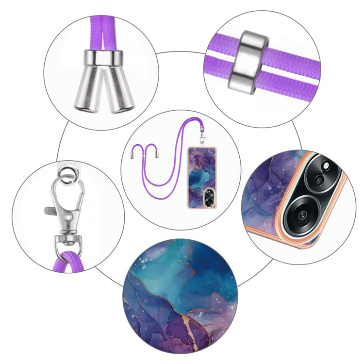 YB IMD Series-18 Style E for Oppo A58 4G Case Marble Pattern Electroplating Cover with Lanyard - Purple