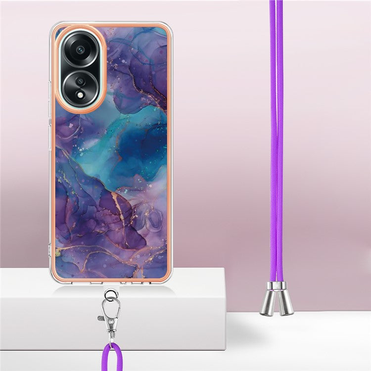 YB IMD Series-18 Style E for Oppo A58 4G Case Marble Pattern Electroplating Cover with Lanyard - Purple