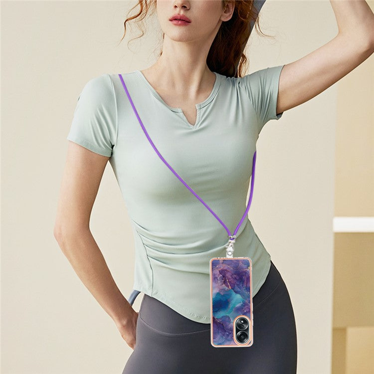 YB IMD Series-18 Style E for Oppo A58 4G Case Marble Pattern Electroplating Cover with Lanyard - Purple