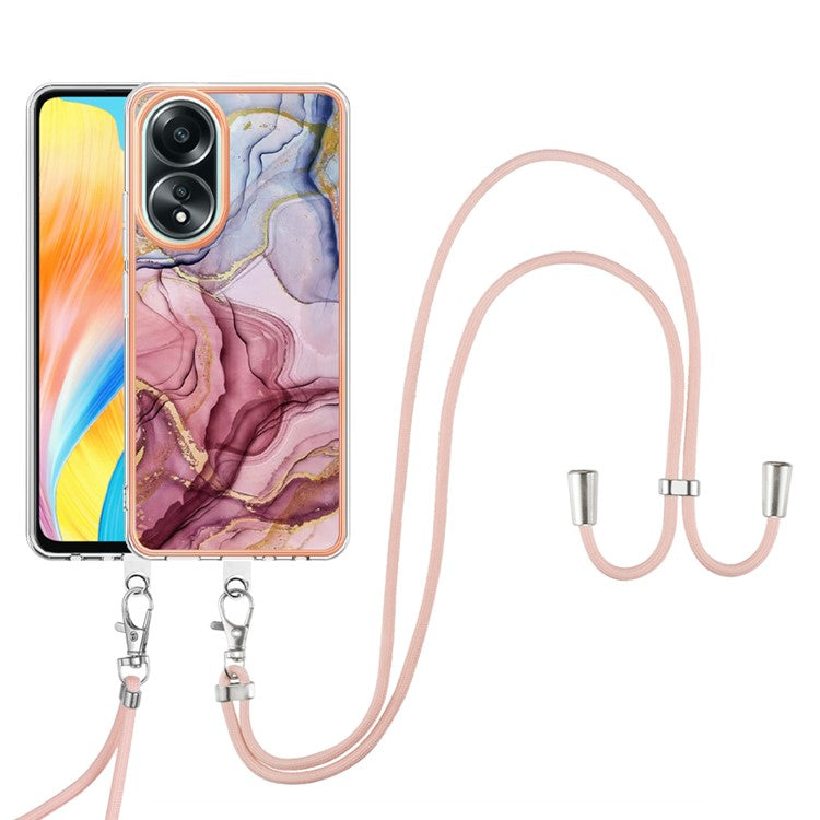 YB IMD Series-18 Style E for Oppo A58 4G Case Marble Pattern Electroplating Cover with Lanyard - Rose Gold