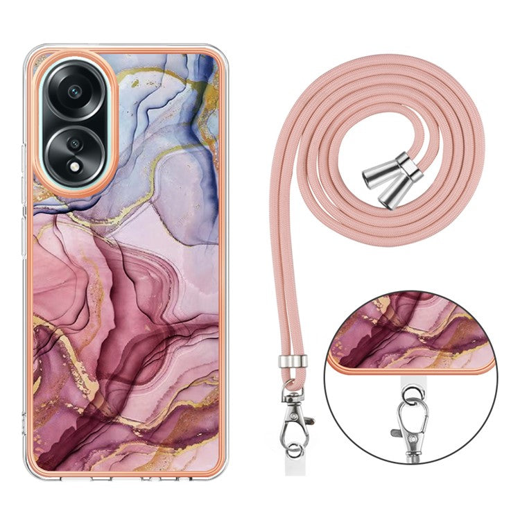 YB IMD Series-18 Style E for Oppo A58 4G Case Marble Pattern Electroplating Cover with Lanyard - Rose Gold