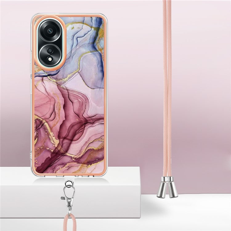 YB IMD Series-18 Style E for Oppo A58 4G Case Marble Pattern Electroplating Cover with Lanyard - Rose Gold