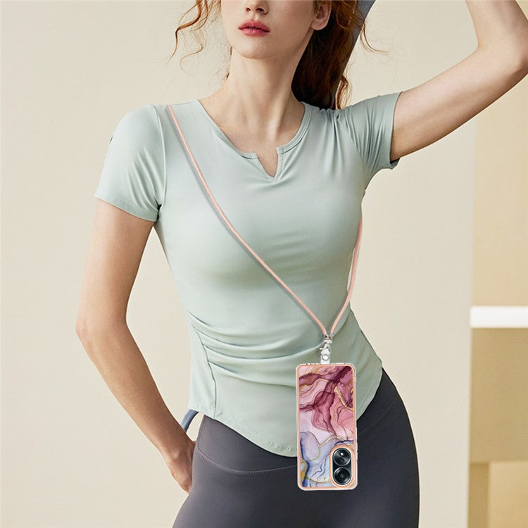 YB IMD Series-18 Style E for Oppo A58 4G Case Marble Pattern Electroplating Cover with Lanyard - Rose Gold