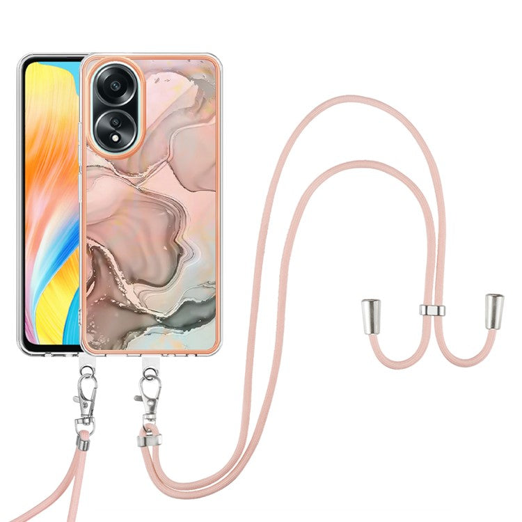 YB IMD Series-18 Style E for Oppo A58 4G Case Marble Pattern Electroplating Cover with Lanyard - Pink