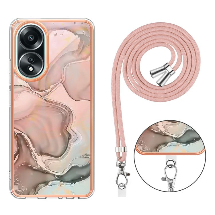 YB IMD Series-18 Style E for Oppo A58 4G Case Marble Pattern Electroplating Cover with Lanyard - Pink