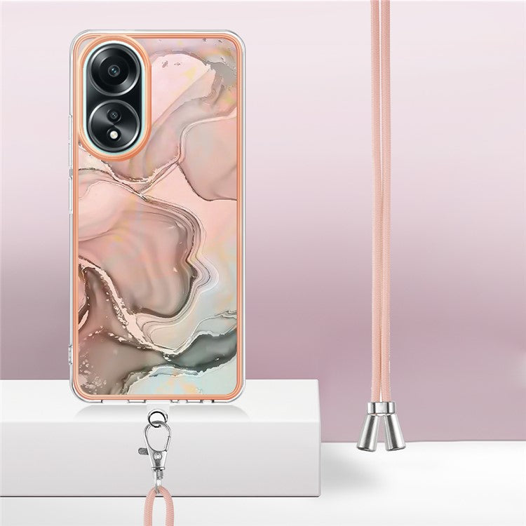 YB IMD Series-18 Style E for Oppo A58 4G Case Marble Pattern Electroplating Cover with Lanyard - Pink