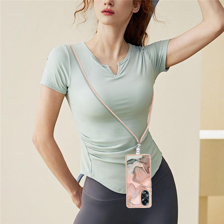 YB IMD Series-18 Style E for Oppo A58 4G Case Marble Pattern Electroplating Cover with Lanyard - Pink