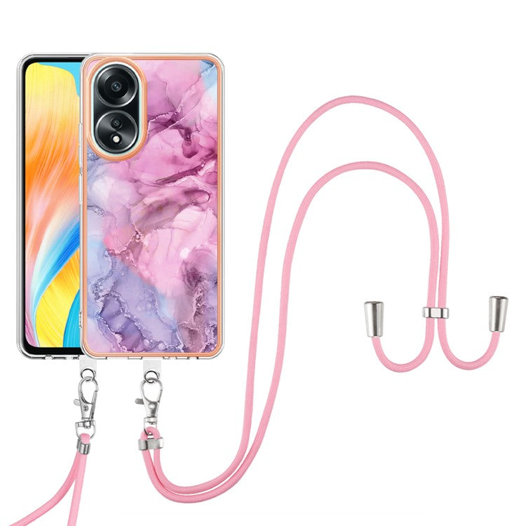 YB IMD Series-18 Style E for Oppo A58 4G Case Marble Pattern Electroplating Cover with Lanyard - Rose
