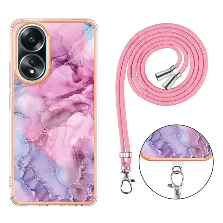 YB IMD Series-18 Style E for Oppo A58 4G Case Marble Pattern Electroplating Cover with Lanyard - Rose