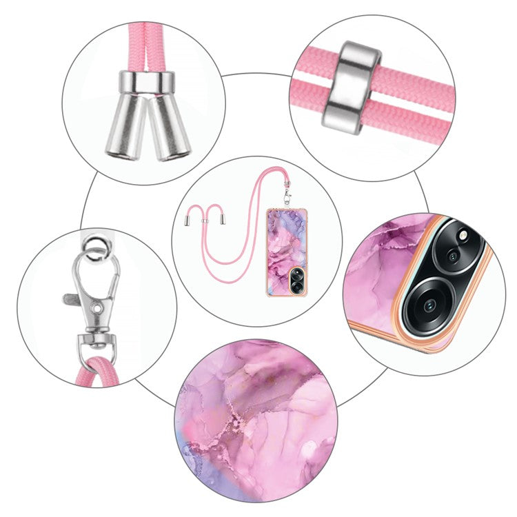 YB IMD Series-18 Style E for Oppo A58 4G Case Marble Pattern Electroplating Cover with Lanyard - Rose