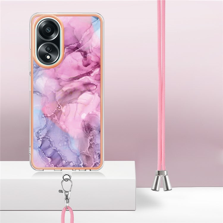 YB IMD Series-18 Style E for Oppo A58 4G Case Marble Pattern Electroplating Cover with Lanyard - Rose