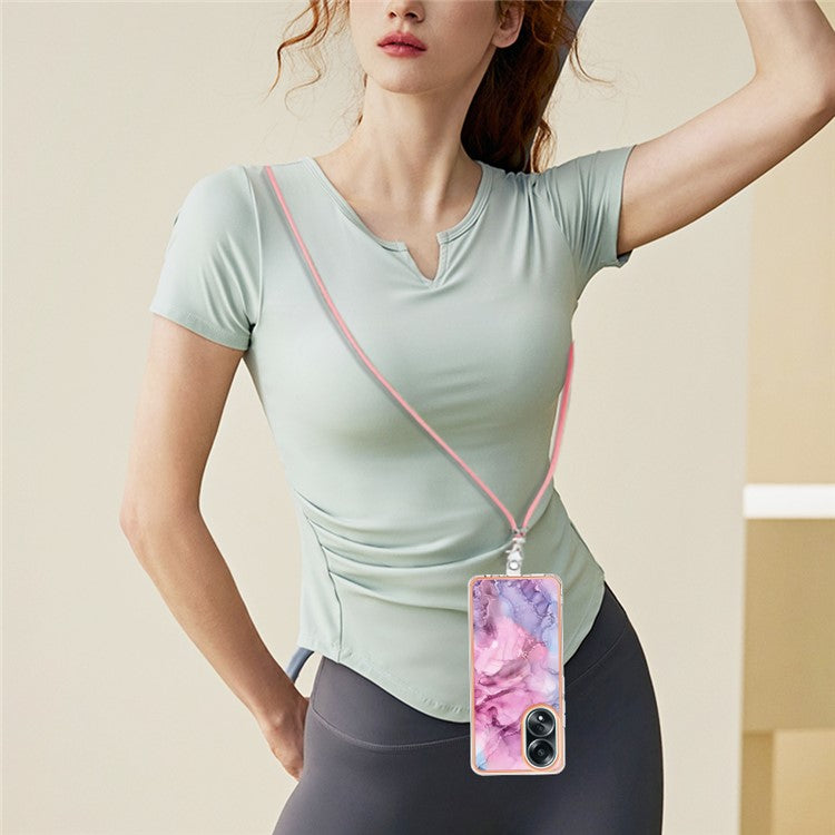 YB IMD Series-18 Style E for Oppo A58 4G Case Marble Pattern Electroplating Cover with Lanyard - Rose