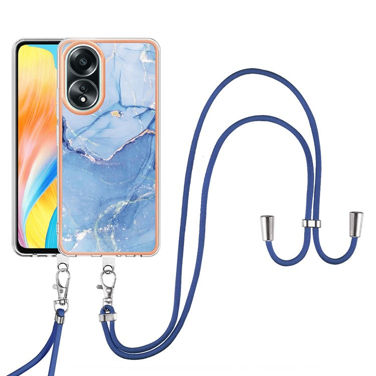YB IMD Series-18 Style E for Oppo A58 4G Case Marble Pattern Electroplating Cover with Lanyard - Blue