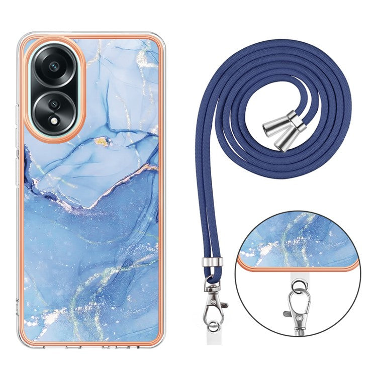 YB IMD Series-18 Style E for Oppo A58 4G Case Marble Pattern Electroplating Cover with Lanyard - Blue