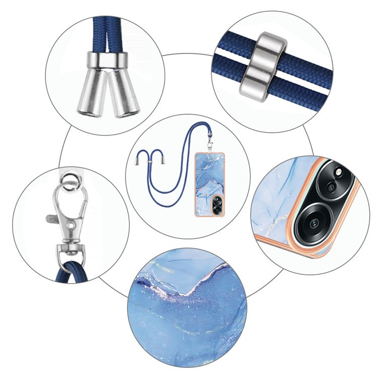 YB IMD Series-18 Style E for Oppo A58 4G Case Marble Pattern Electroplating Cover with Lanyard - Blue