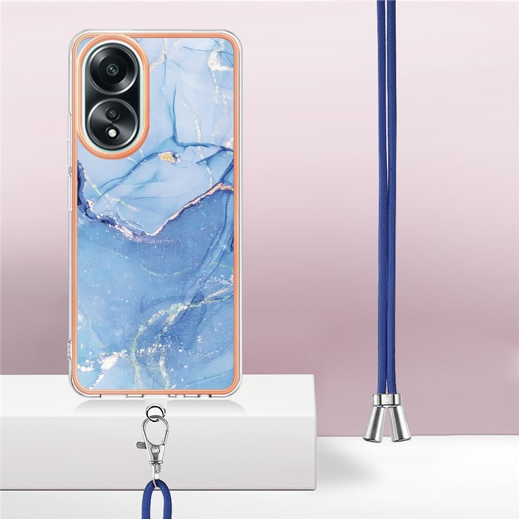 YB IMD Series-18 Style E for Oppo A58 4G Case Marble Pattern Electroplating Cover with Lanyard - Blue