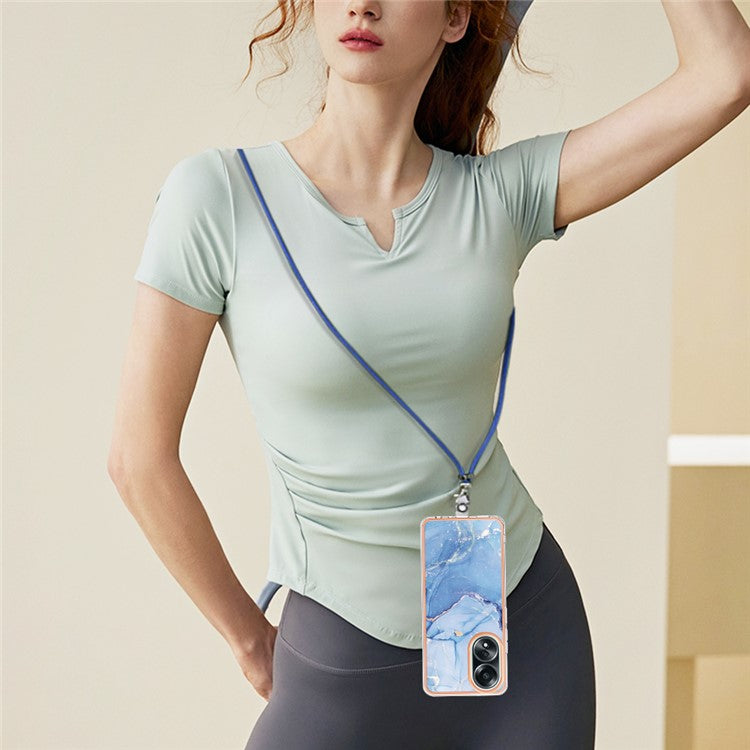 YB IMD Series-18 Style E for Oppo A58 4G Case Marble Pattern Electroplating Cover with Lanyard - Blue