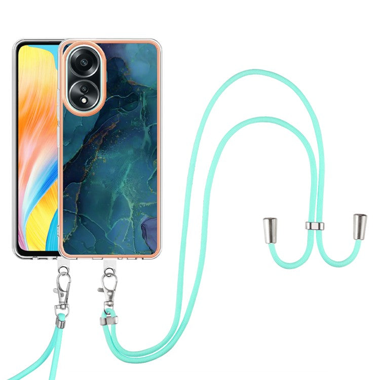 YB IMD Series-18 Style E for Oppo A58 4G Case Marble Pattern Electroplating Cover with Lanyard - Green