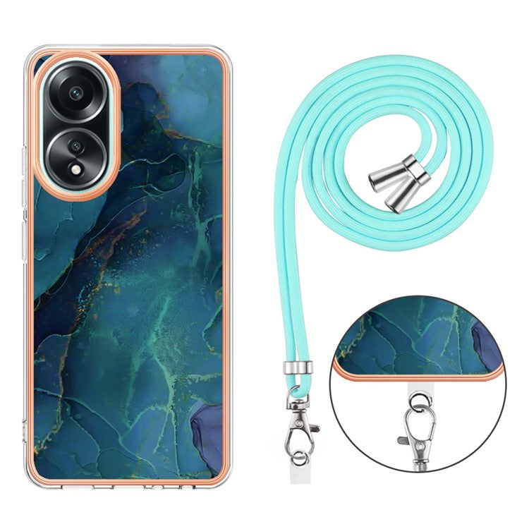 YB IMD Series-18 Style E for Oppo A58 4G Case Marble Pattern Electroplating Cover with Lanyard - Green