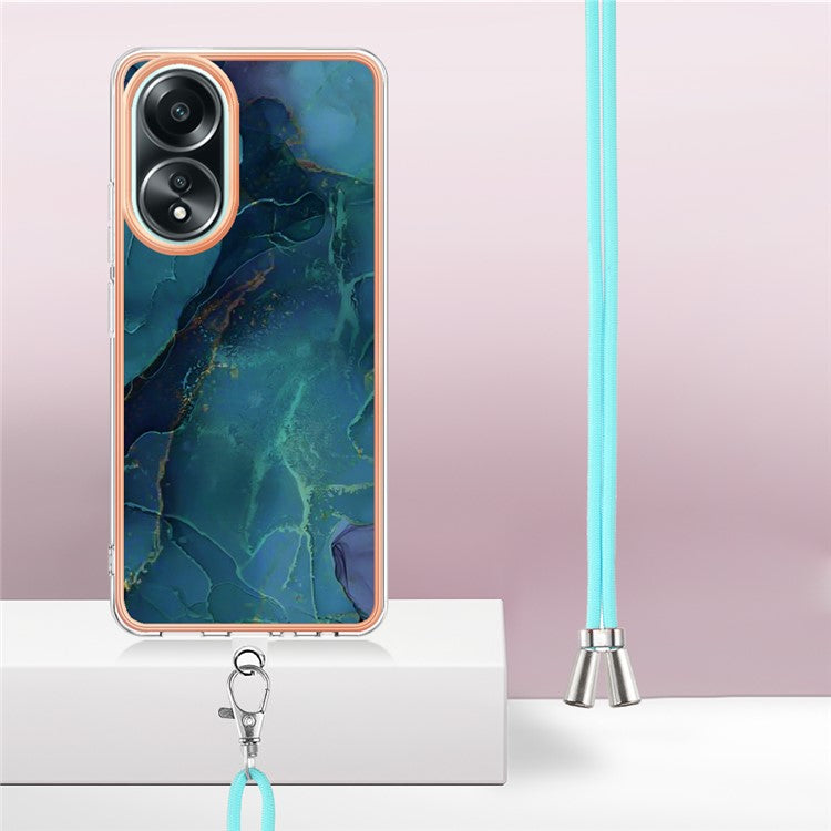 YB IMD Series-18 Style E for Oppo A58 4G Case Marble Pattern Electroplating Cover with Lanyard - Green