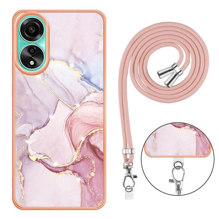 YB IMD Series-9 For Oppo A78 4G Phone Cover Marble Pattern Electroplating Case with Lanyard - Rose Gold 005
