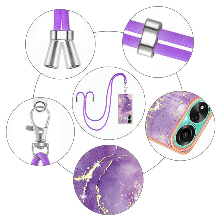 YB IMD Series-9 For Oppo A78 4G Phone Cover Marble Pattern Electroplating Case with Lanyard - Purple 002