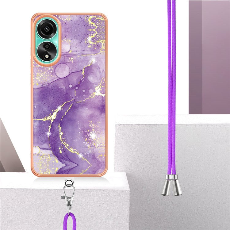 YB IMD Series-9 For Oppo A78 4G Phone Cover Marble Pattern Electroplating Case with Lanyard - Purple 002