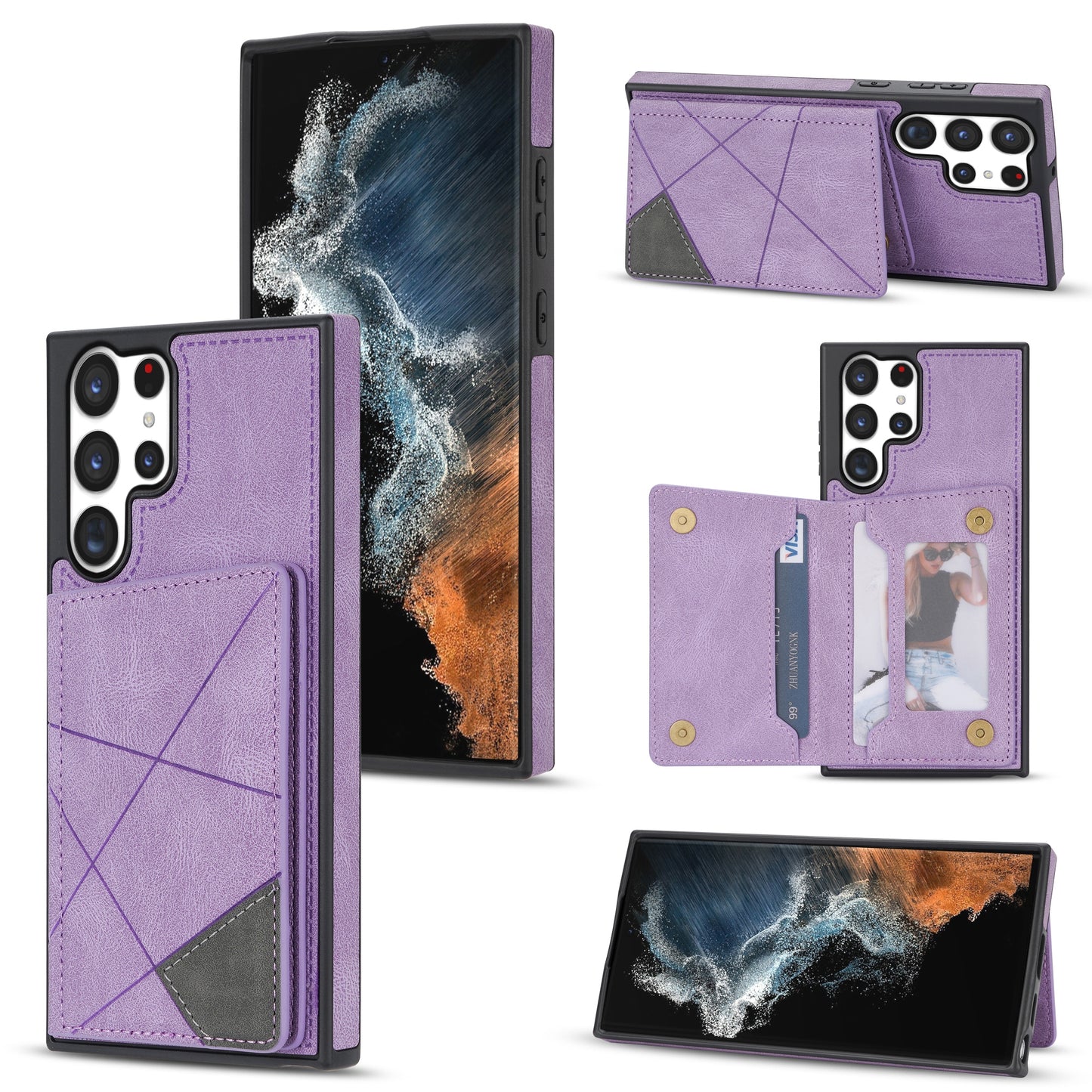 For Samsung Galaxy S24 Ultra Case Line Splicing Imprinted PU Leather+TPU Kickstand Phone Cover - Purple
