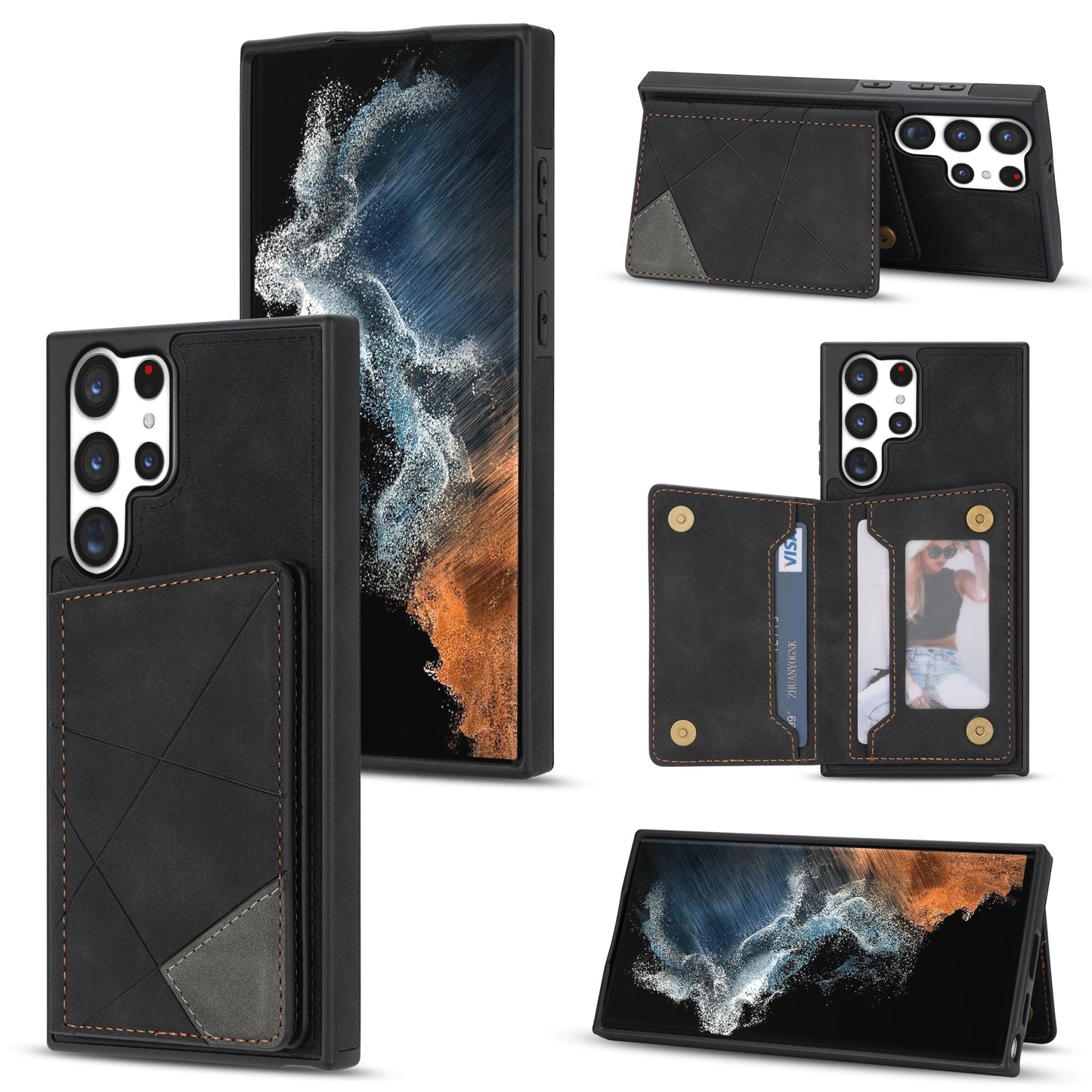 For Samsung Galaxy S24 Ultra Case Line Splicing Imprinted PU Leather+TPU Kickstand Phone Cover - Black