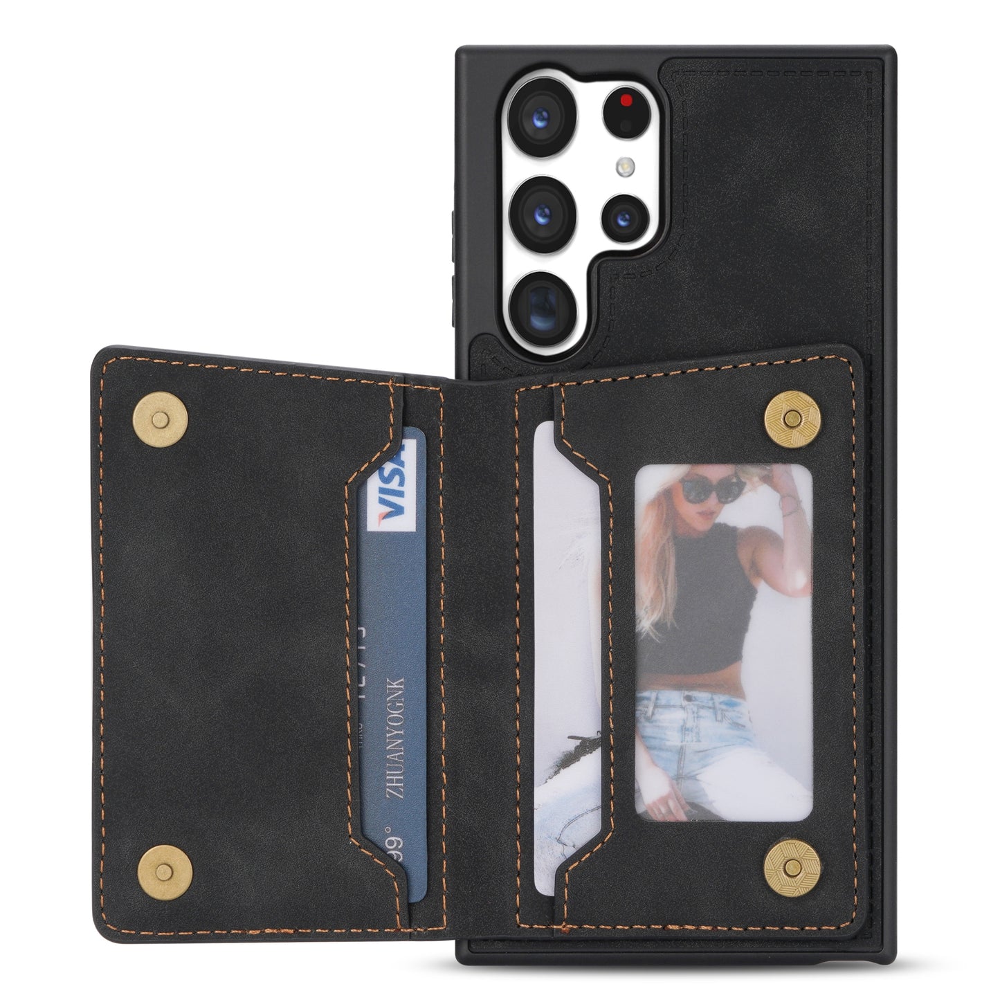 For Samsung Galaxy S24 Ultra Case Line Splicing Imprinted PU Leather+TPU Kickstand Phone Cover - Black