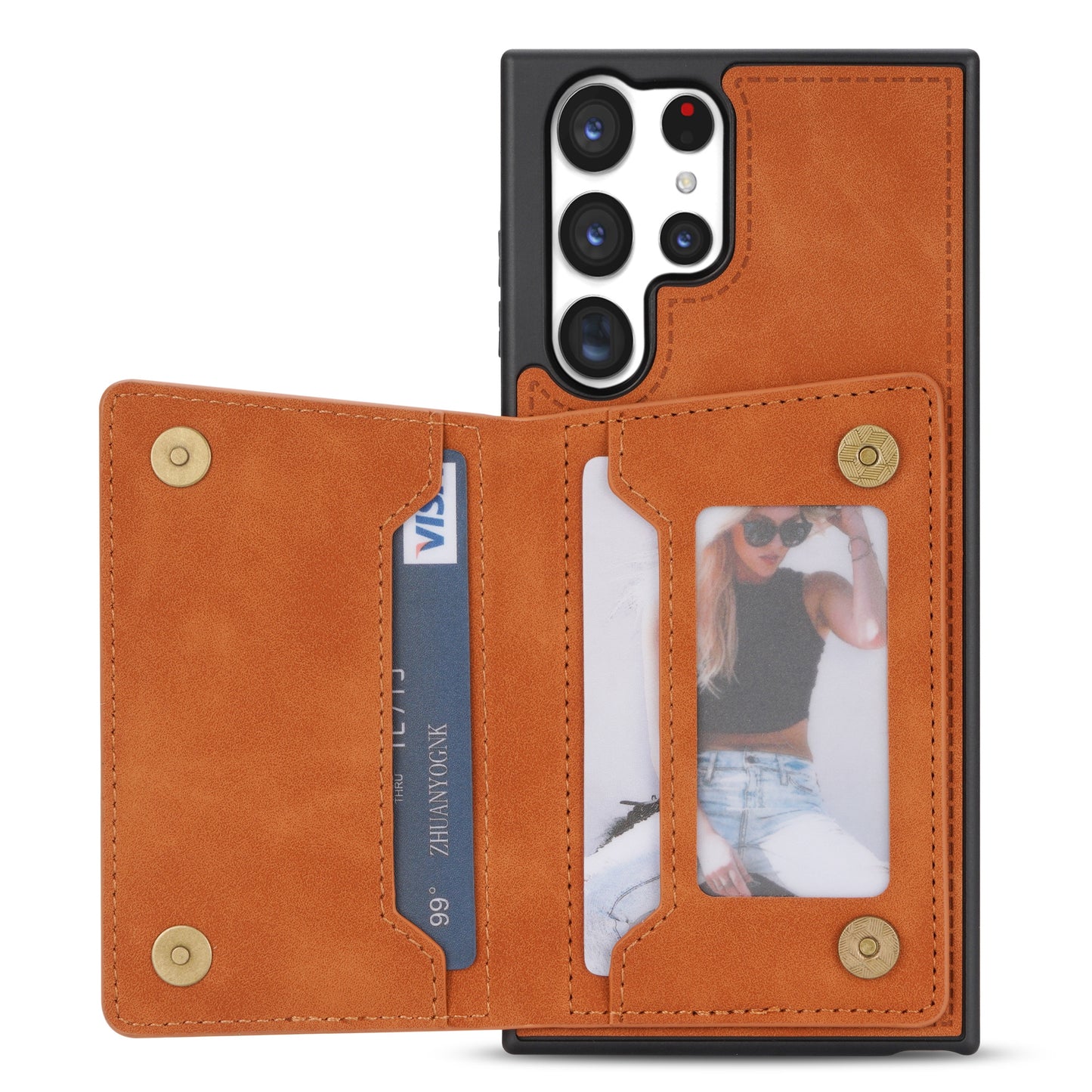 For Samsung Galaxy S24 Ultra Case Line Splicing Imprinted PU Leather+TPU Kickstand Phone Cover - Brown