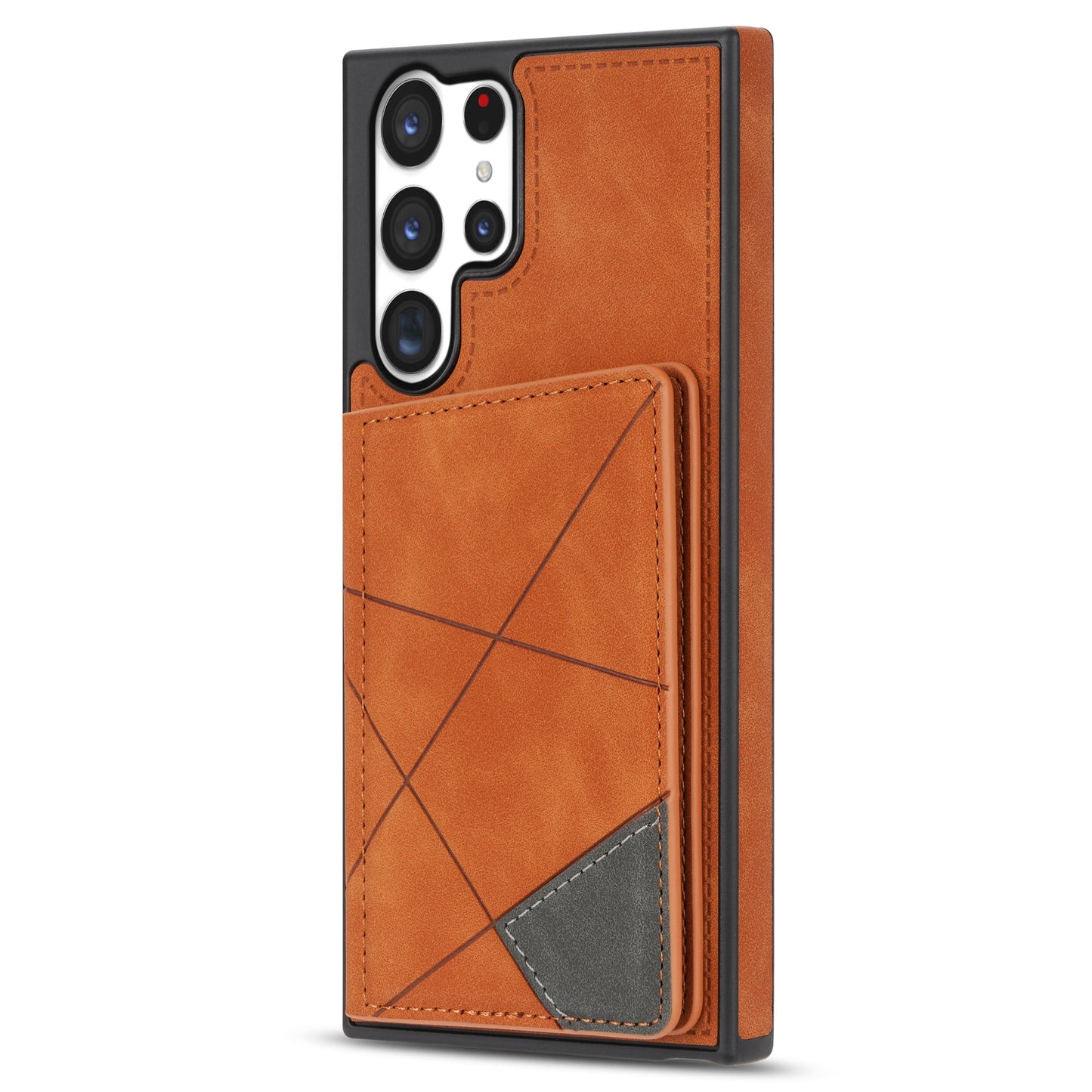 For Samsung Galaxy S24 Ultra Case Line Splicing Imprinted PU Leather+TPU Kickstand Phone Cover - Brown