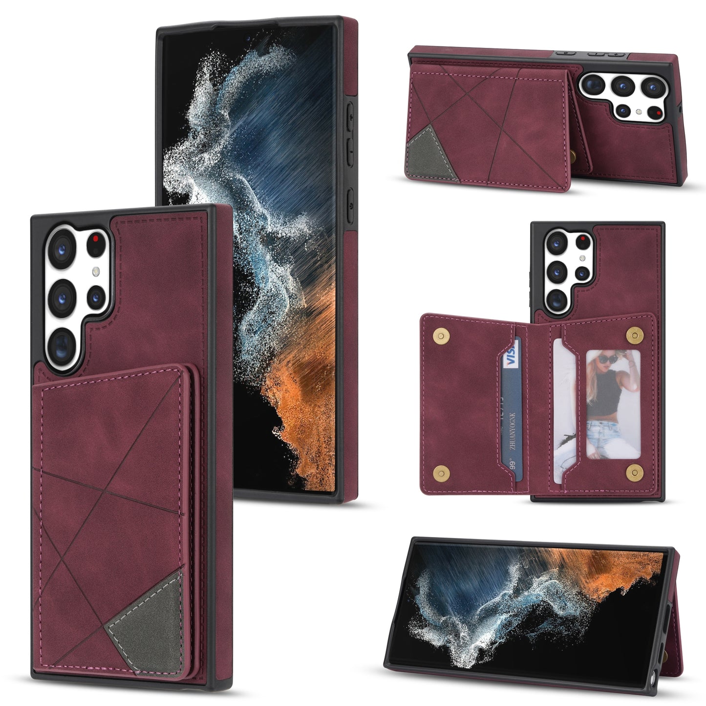 For Samsung Galaxy S24 Ultra Case Line Splicing Imprinted PU Leather+TPU Kickstand Phone Cover - Wine Red