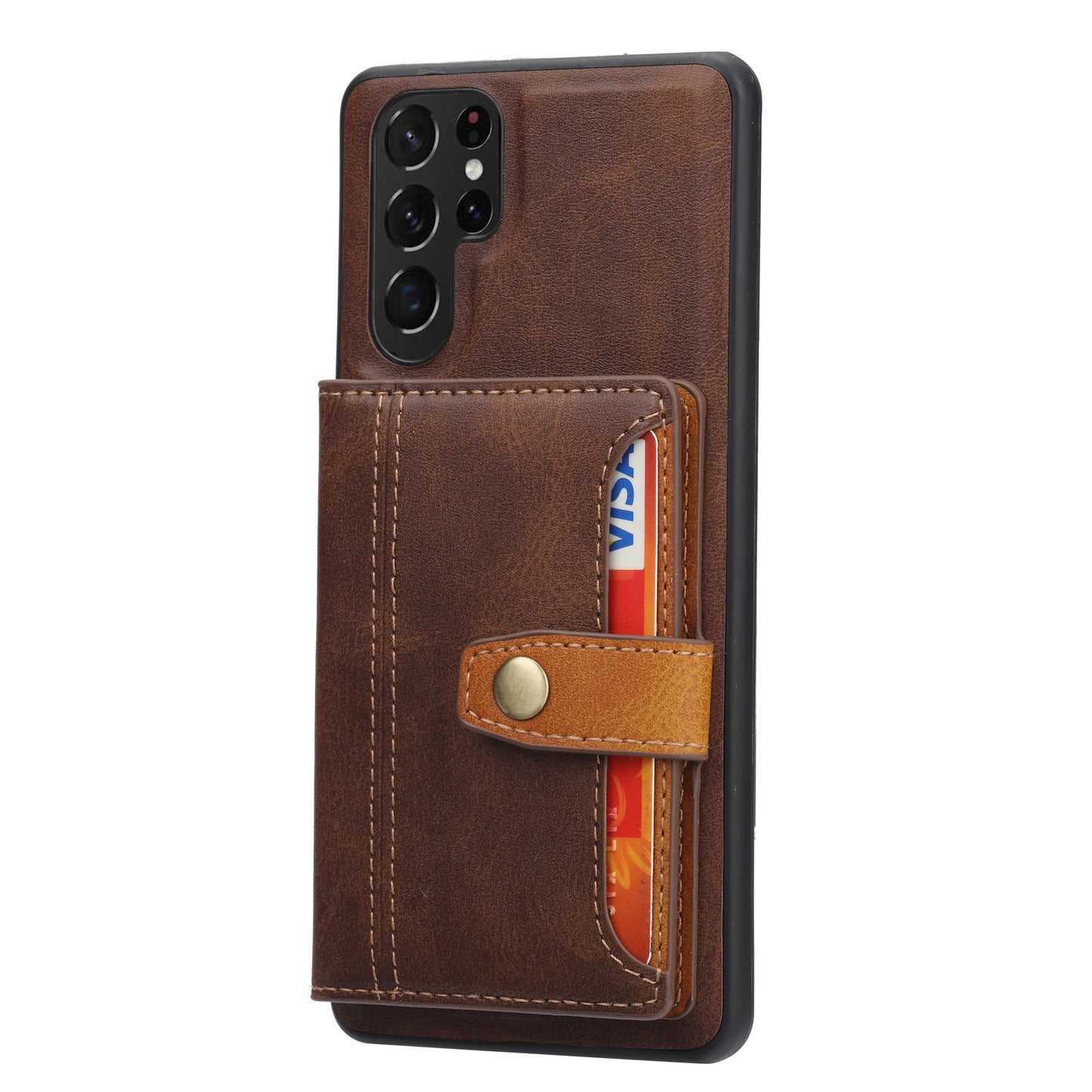 For Samsung Galaxy S24 Ultra Case Calf Texture Kickstand Card Holder PU Leather+TPU Phone Cover - Brown