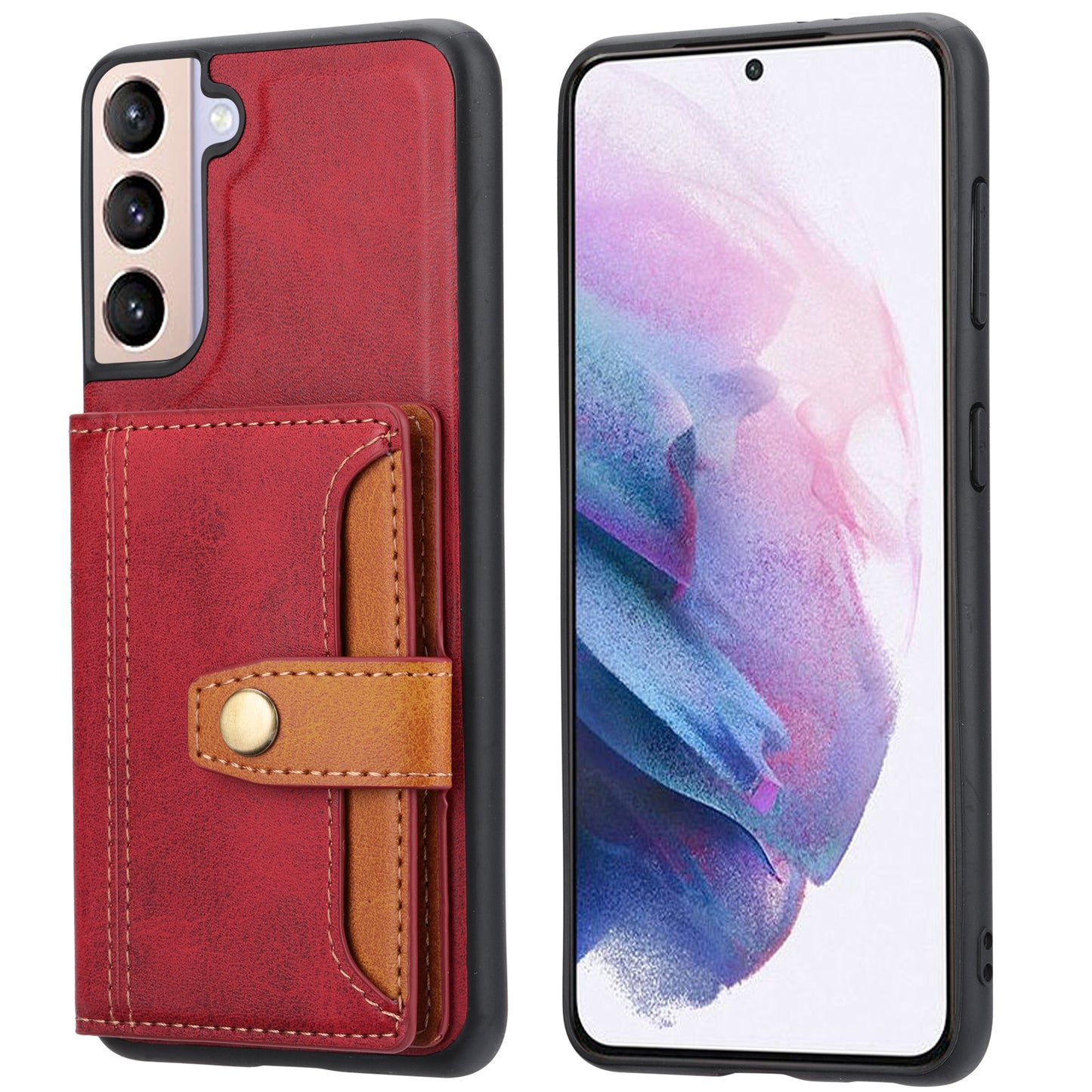 For Samsung Galaxy S24 Cell Phone Case Calf Texture Card Holder PU Leather+TPU Cover - Red