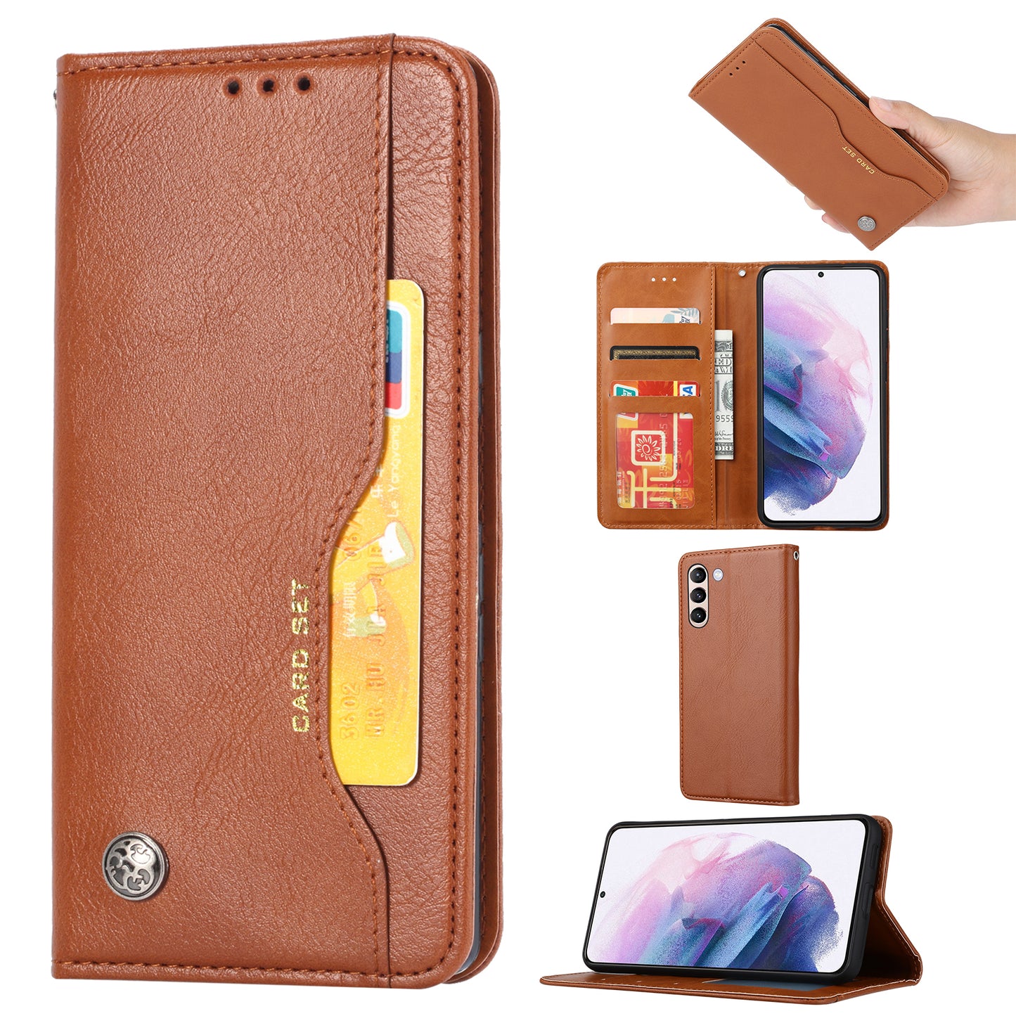 For Samsung Galaxy S24 Cell Phone Case Magnetic Closing PU Leather Wallet Cover - Light Brown