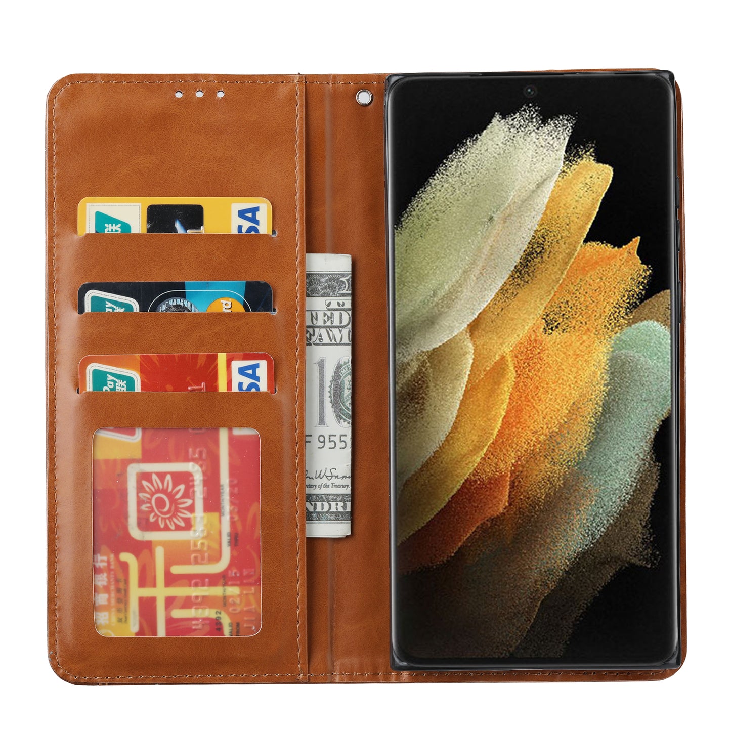 For Samsung Galaxy S24 Ultra Cell Phone Case Magnetic Closing PU Leather Stand Cover - Light Brown