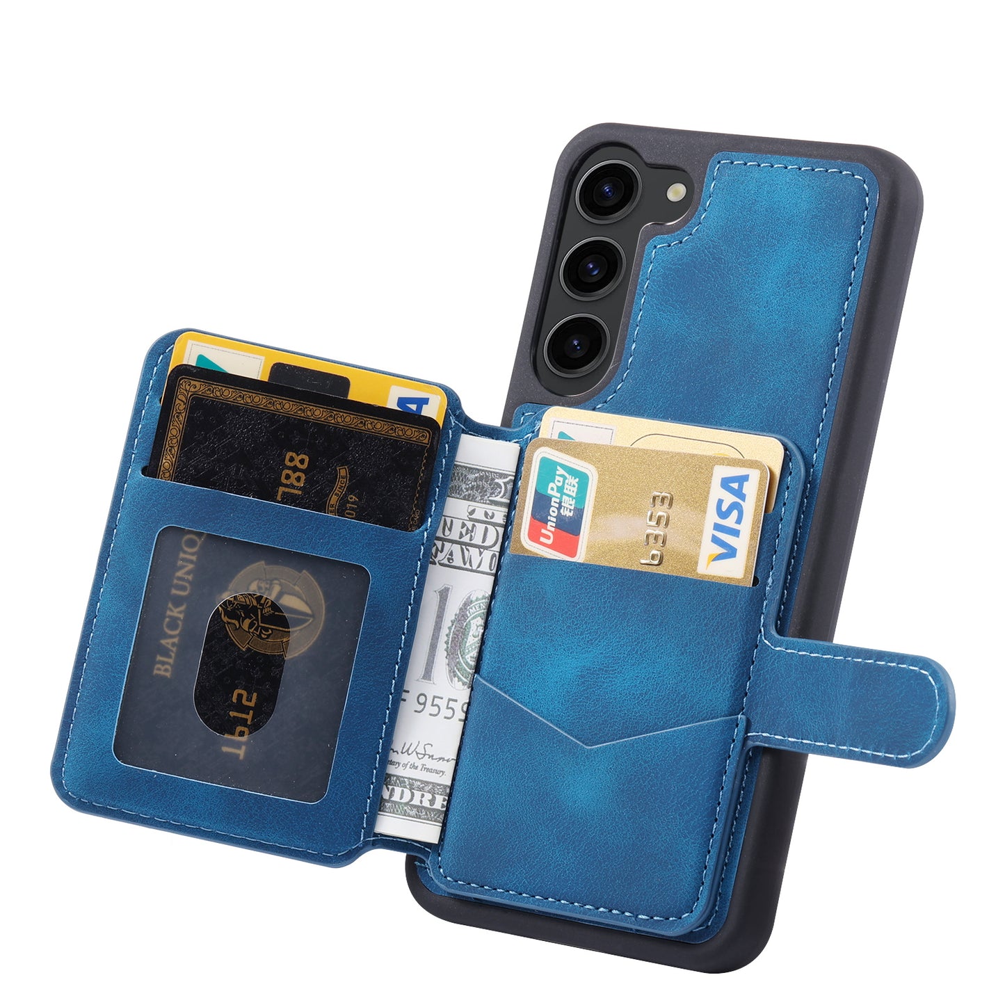 For Samsung Galaxy S24+ Leather Case Skin-touch RFID Blocking Wallet Phone Cover - Navy Blue