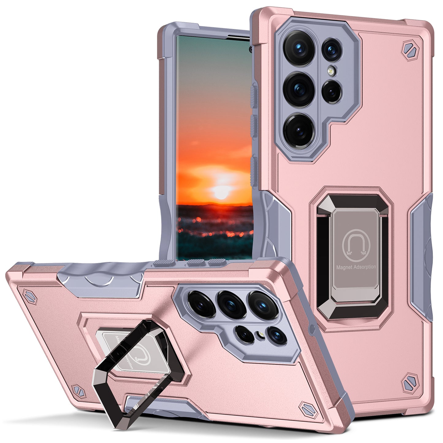 For Samsung Galaxy S24 Ultra Phone Case with Ring Holder Support Magnetic Car Mount - Rose Gold